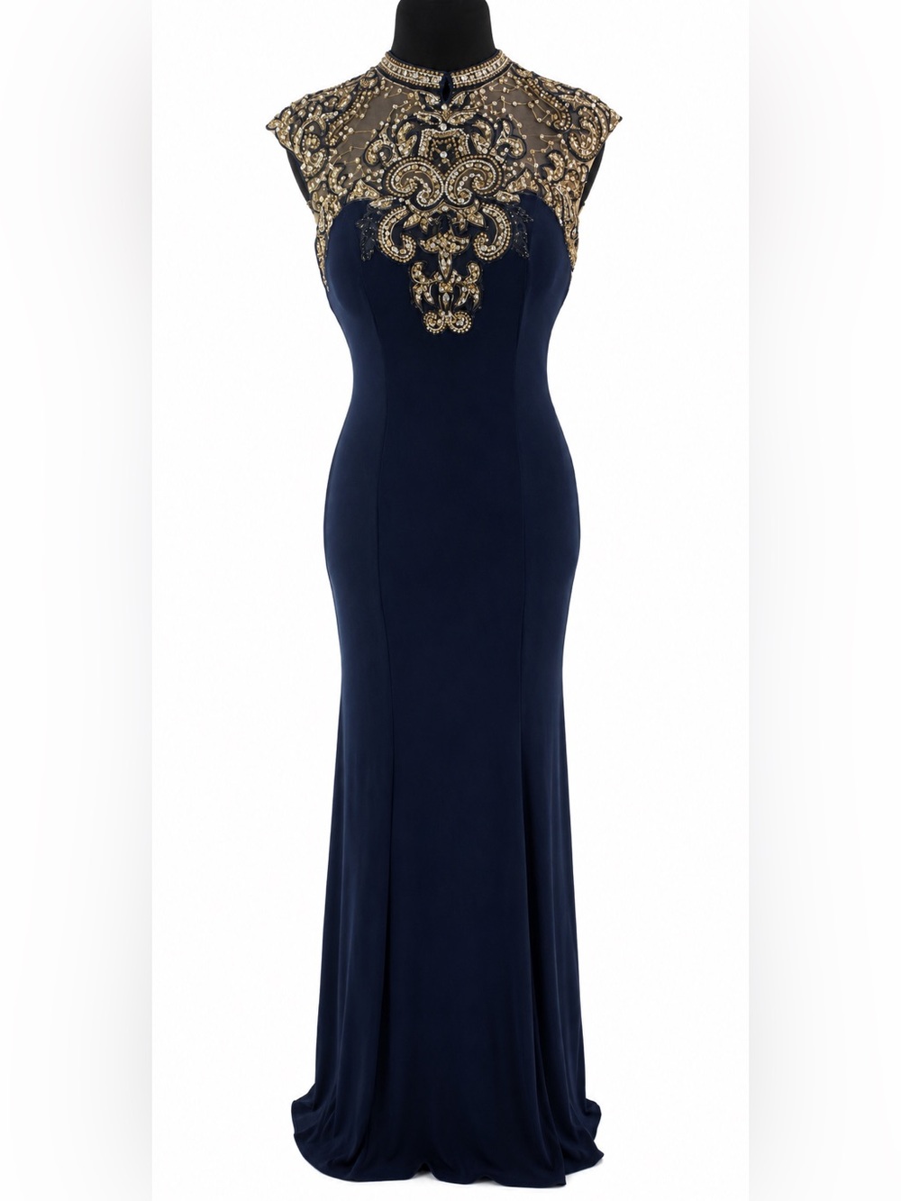 Alyce Paris Navy Gold Beaded Mermaid Gown Size 0 Prom Formal Dress